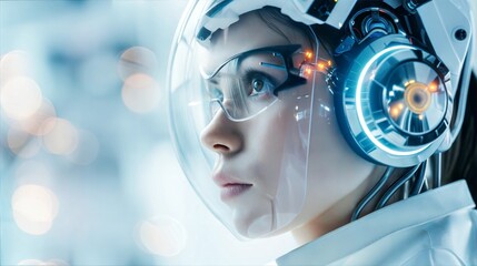 A close up portrait of a woman wearing a futuristic helmet with a blue glow