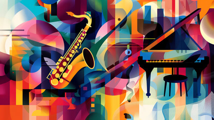 This image shows a saxophone, a piano, and some abstract shapes in colorful patterns.

