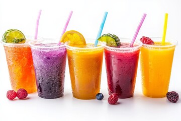 Juices and Floats in Plastic Cup on white background created with Generative AI