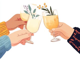 Cheers to friendship with festive drinks, showcasing elegant glasses and vibrant garnishes in a joyful celebration.
