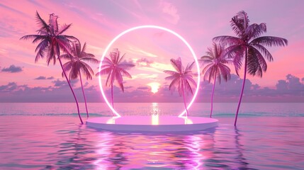 Fototapeta premium 2. tropical scene with neon circle, palm trees leaning inward, calm ocean view, pink and purple hues in the sky, white platform floating on water, dreamy and futuristic vibe, Comercial