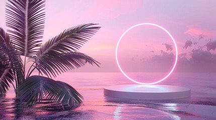 Neon Sunset Oasis: A dreamy, ethereal scene with a circular neon light illuminating a white podium surrounded by palm trees and a misty pink sunset.  The perfect backdrop for showcasing your products 