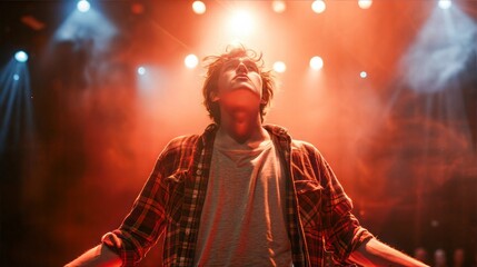 A young man performs onstage under bright red lights during a concert