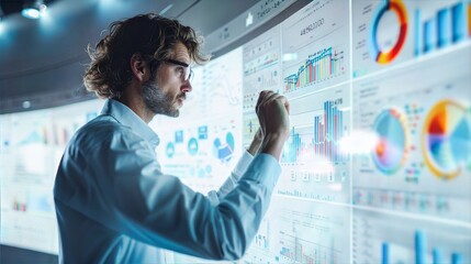 A man in a modern office setting analyzes data on a large screen displaying graphs and charts