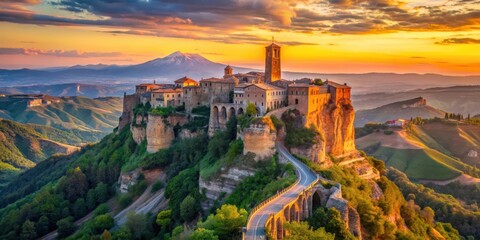 Panoramic view of famous Civita di Bagnoregio in sunset light, Lazio, Italy, Civita di Bagnoregio, panoramic, view, sunset, light