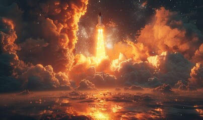 Naklejka premium A digital rendering shows a space shuttle taking off into the night sky, capturing the essence of a spaceship launch.