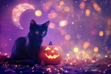 Black cat beside a carved jack-o'-lantern pumpkin with a crescent moon on a sparkling purple background