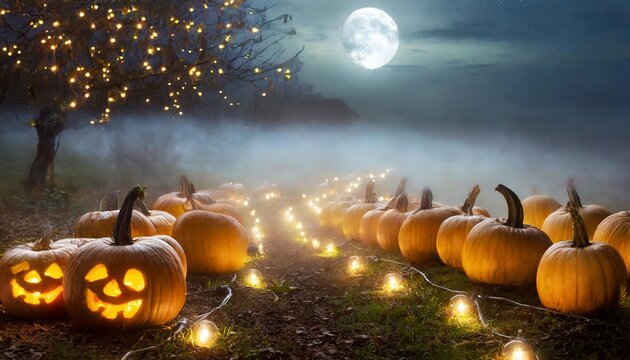 A moonlit pumpkin patch with ethereal fog and twinkling fairy lights; the concept of halloween