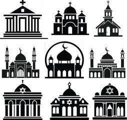 Religions. Mosque, church, synagogue., collection features a set of high-resolution vector icons representing various places of worship from different religions. 
