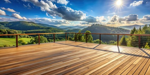 Fototapeta premium Wooden deck perspective with view of surrounding landscape , outdoor, nature, relax, tranquil, retreat, sunny, peaceful, deck