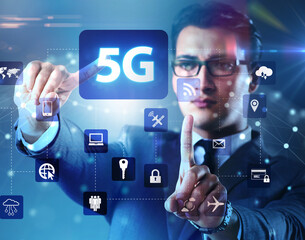5g internet concept with businessman pressing buttons