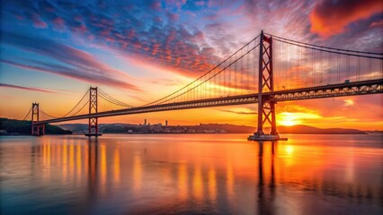 Fototapeta premium Iconic 25 de Abril Bridge and vibrant sunset over Lisbon, Portugal, Lisbon, Portugal, 25 de Abril Bridge, sunset