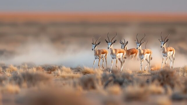 A herd of springbok pronking across the African savanna.