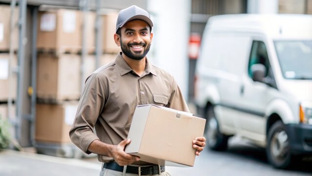 An Indian delivery worker holding a clipboard and package, dressed in a uniform, with a neutral or store background.
