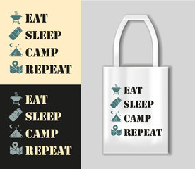 Eat sleep camp repeat motivational slogan inscription. Camping concept with tote bag mockup