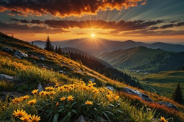 The sun sets behind the mountain ranges above the blooming arnica valley. 