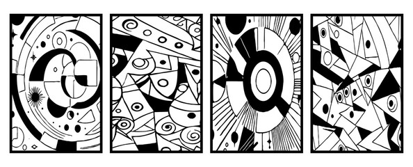 Obraz premium Set of 4 Abstract black and white pattern. For use in graphics. Minimalist illustration for printing on wall decorations