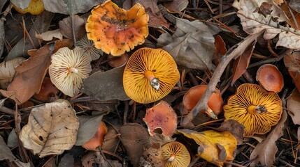 A group of orange and brown mushrooms are seen among brown, dry leaves and twigs.