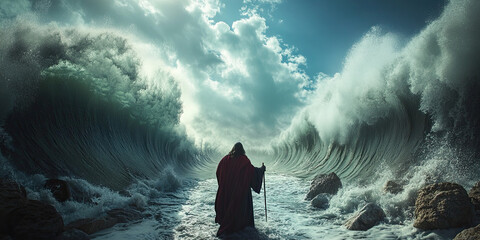 Moses parting the Red Sea, Bible religious story Old Testament illustration backdrop, ocean waters divided background, generated ai 