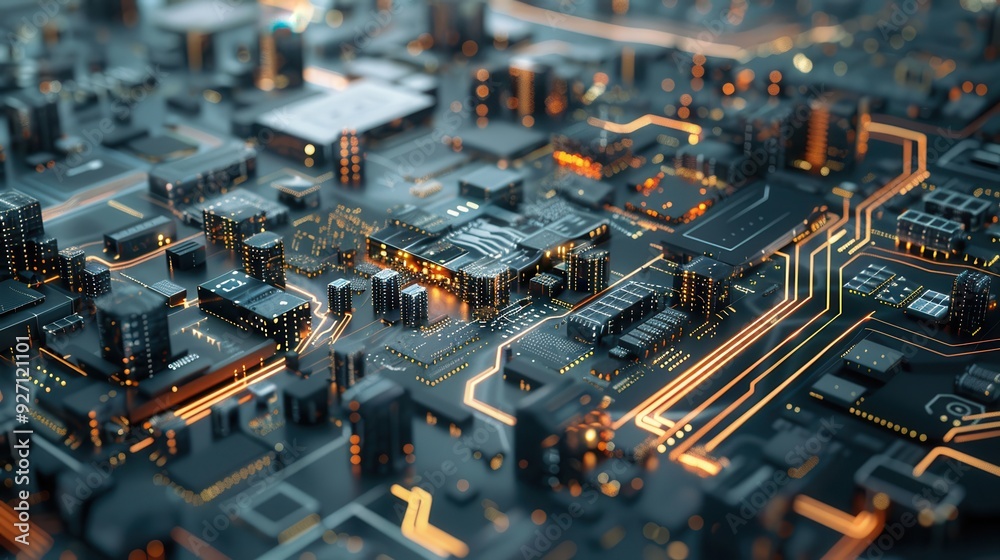 Poster a stylized rendering of a city built atop a circuit board. the city features towering buildings and 