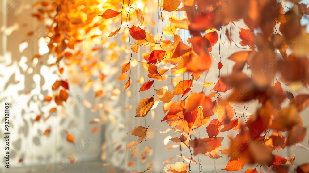 Poster a close-up shot of a string of dried leaves hanging in a window. the leaves are orange and red, and 