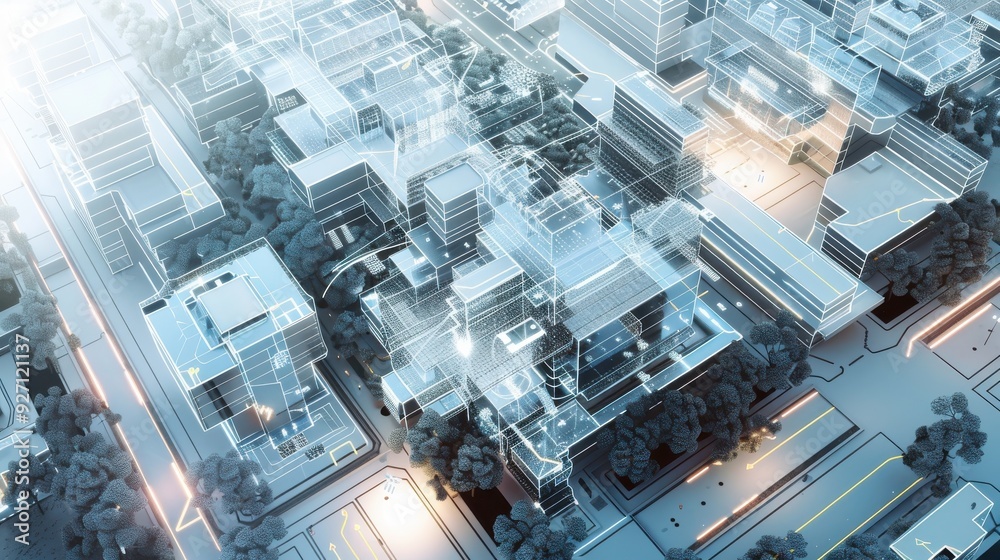 Poster A futuristic cityscape is shown from an aerial perspective. The buildings are connected by glowing lines, creating a network of data flow. Trees line the streets, offering a natural contrast to the ur