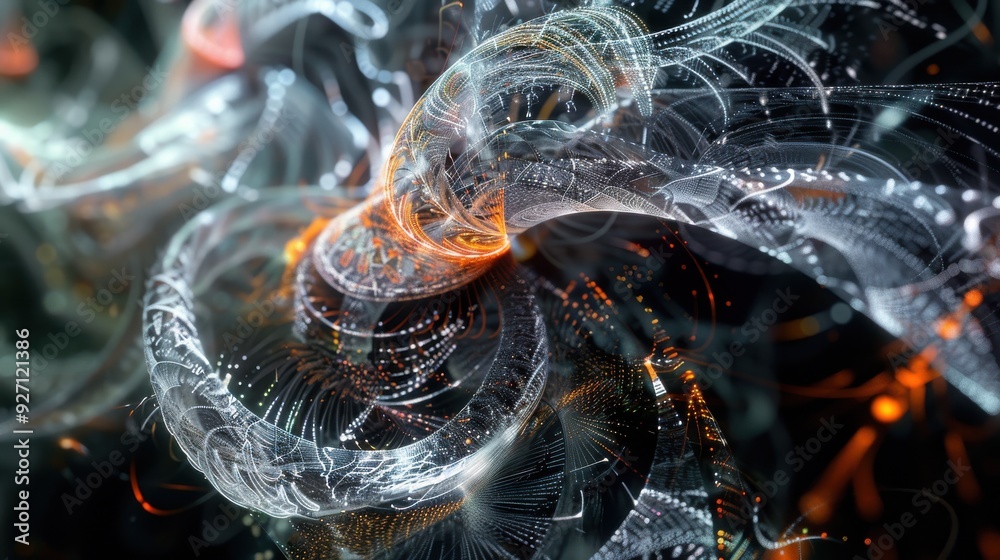 Poster an abstract image features a dynamic swirl of white and orange lights on a black background. the lig