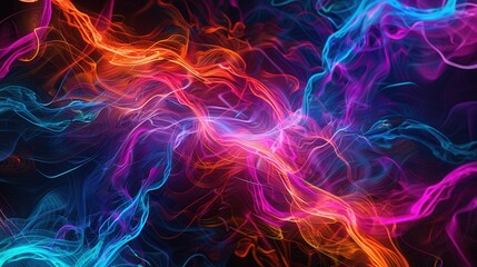 Fototapeta premium A digital illustration of swirling, flowing, and vibrant smoke in a dark environment. The smoke is red, orange, blue, and purple in color, and the image is abstract and ethereal.