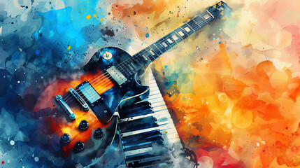 a guitar and a keyboard, with colorful paint splatter in the background.