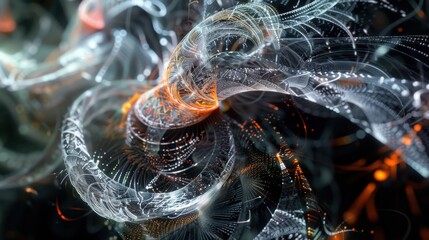 An abstract image features a dynamic swirl of white and orange lights on a black background. The lights form a complex pattern of overlapping circles and lines, creating a sense of movement and energy