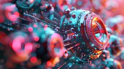 A close-up view of a complex metallic gear, intricately designed with multiple concentric rings and various protruding elements. The gear is illuminated in a vibrant blend of red, orange, and blue hue