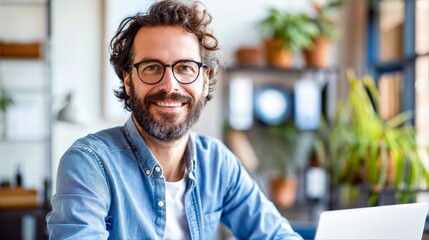 Obraz premium A man with a beard and glasses smiles at the camera while working in a modern office setting