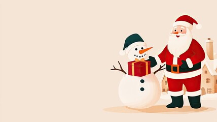 Santa Claus and a jolly snowman exchanging gifts, set in a beige watercolor village with soft, warm tones