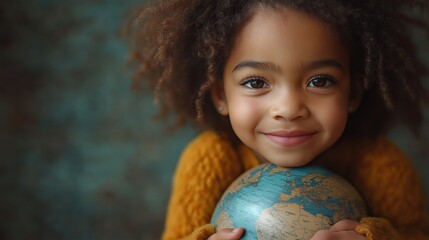 Fototapeta premium Adorable African American Child Hugging a Globe, Ideal for Environmental and Educational Campaigns Promoting Global Awareness and Conservation