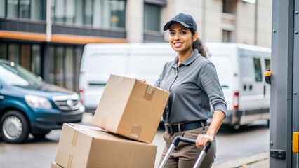 An Indian female courier maneuvering a hand truck loaded with packages, dressed in a delivery uniform, and working efficiently.
