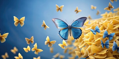 Blue butterfly pasta flying in the air, farfalle, blue, pasta, flying, air, food, Italian, cuisine, artistic, creativity