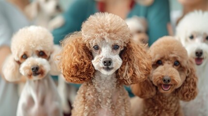 Poodles of various sizes and colors participate in a dog show.
