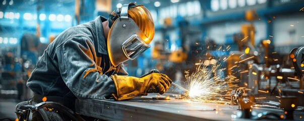 Close-up of a welder fusing metal with focus on sparks and tools, side profile in neutral tones