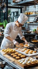 Close-up of chef preparing thai sweets with precision in a well-equipped kitchen, highlighting utensils and ingredients