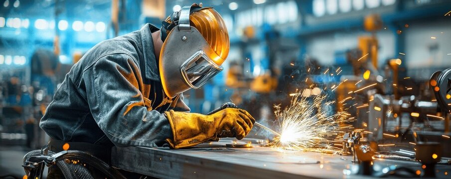 Close-up of a welder fusing metal with focus on sparks and tools, side profile in neutral tones