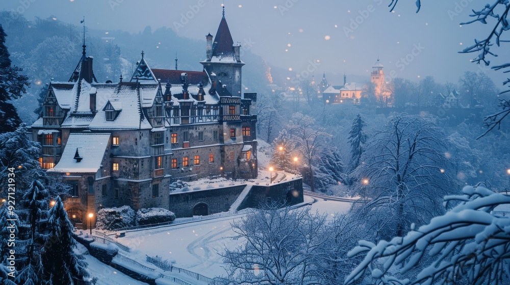 Aufkleber The image showcases a large, snow-covered castle nestled in a forest. The castle has a distinctive architectural style with turrets and pointed roofs. The trees are draped in snow, creating a pictures