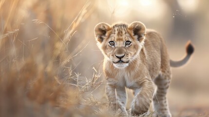 Obraz premium A playful lion cub pounces on its mother's tail.