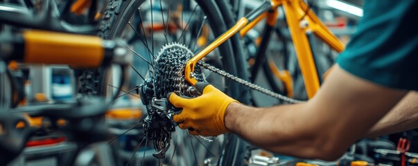 Close-up of hands tightening bolts on a bicycle with tools and components in focus, captured from behind, no face shown