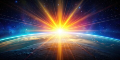 Rising sun in space with colorful rays bursting out from behind the horizon , sun, space, universe, sunrise, horizon, colorful