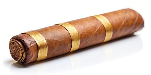 A cigar in its wrapper with brown and gold stripes, cigar, tobacco, smoke, luxury, premium, Cuban, handmade, rolled