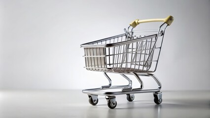Empty silver shopping trolley isolated on background for retail customer at a supermarket, cart, basket, metal, handle, wheeled