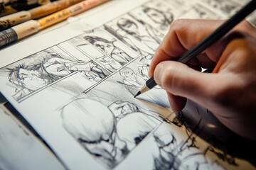 Close-up of artist drawing storyboard for a creative commercial project