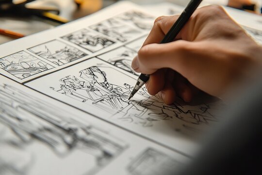 Close-up of artist drawing a storyboard for creative project