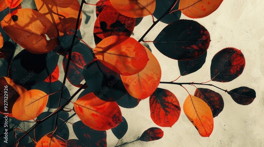 Poster a branch with red and dark leaves hangs against a white background. the leaves are mostly red, but s
