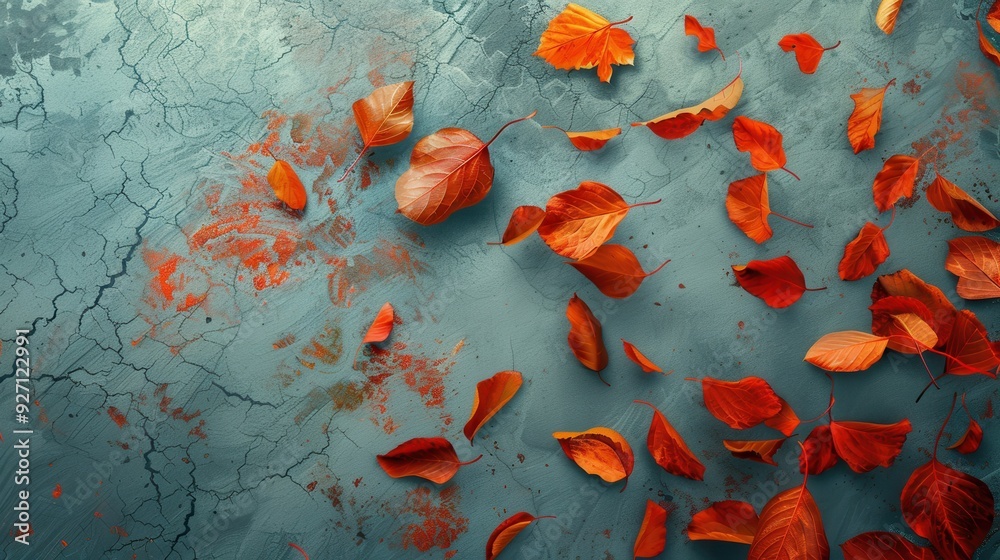 Poster A close-up image of an array of reddish-orange leaves scattered on a textured blue surface. The leaves are in various shapes and sizes, some partially overlapping, suggesting they have recently fallen